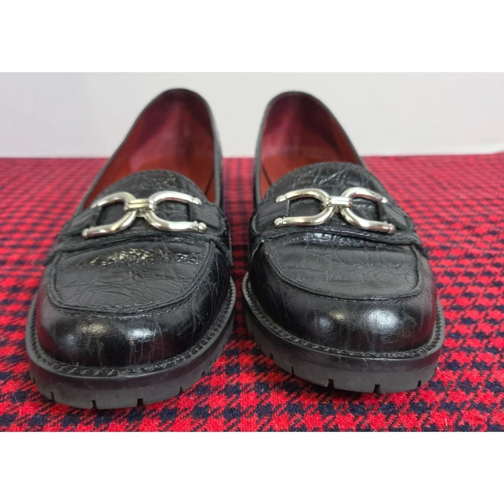 Talbots Croc Embossed Black leather Loafers w/ Metal Horsebit Buckle Wom 7.5B